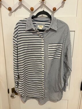 Maeve by Anthropologie Navy and White Mixed-Stripe Button Down Shirt